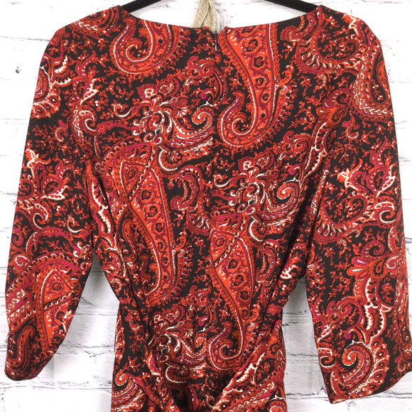 Talbots Petite Boat Neck Elbow Sleeve Burnt Orange Paisley Tie Midi Dress 12P - Picture 4 of 15